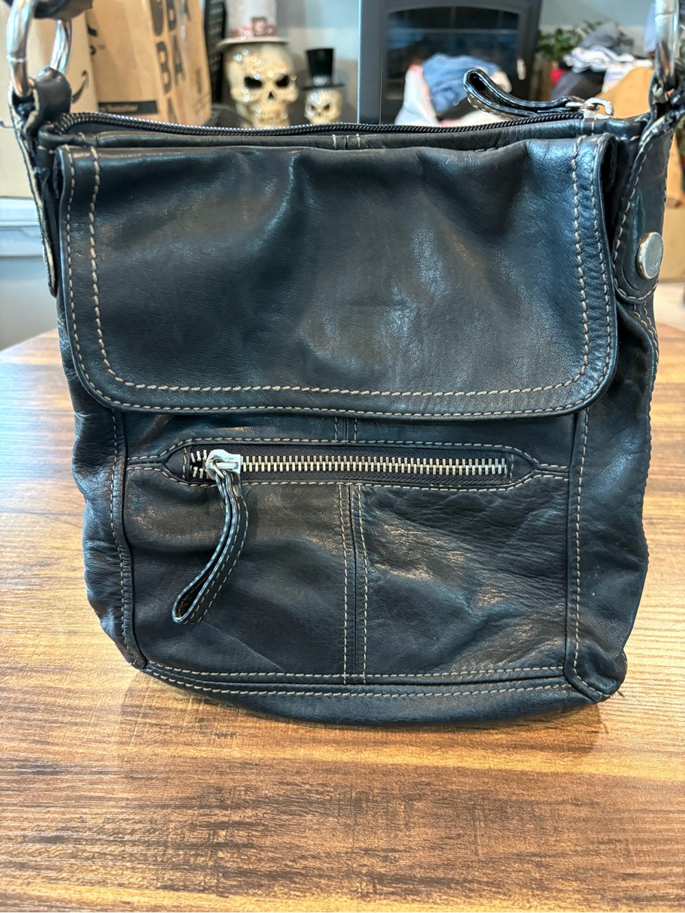 Fossil Black Leather Flap Crossbody with Front Zip Pocket